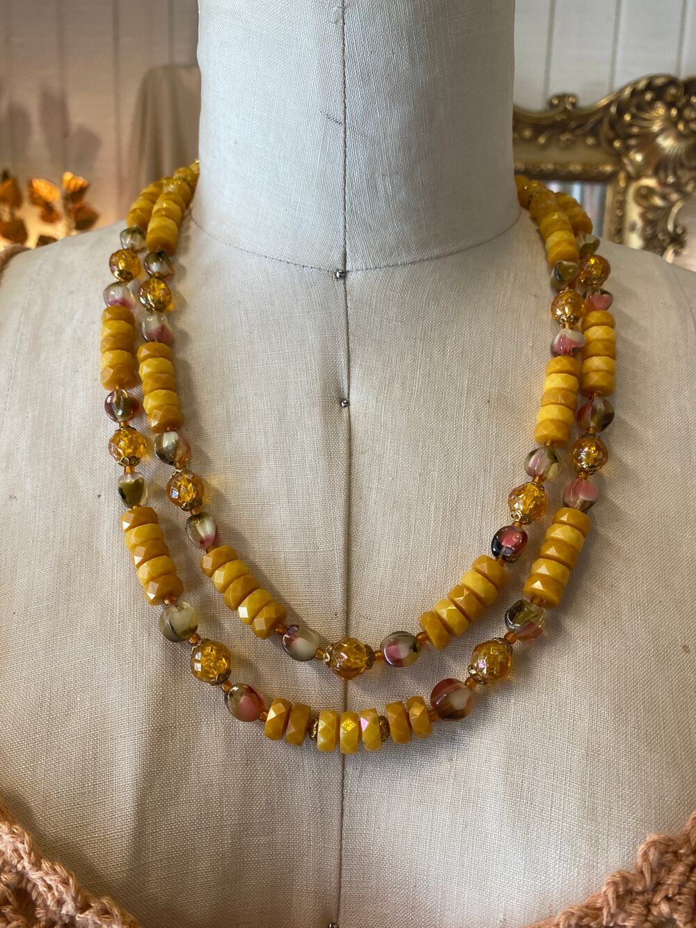 1960s yellow multi strand beaded necklace, cabochon closure, blown glass beads